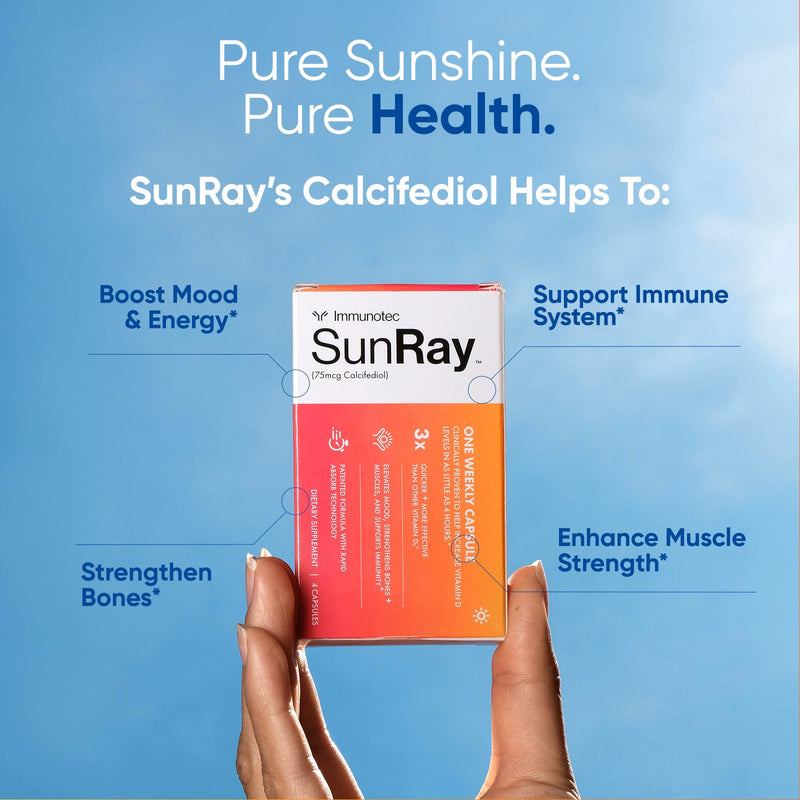 Sunray® Calcifediol Vitamin D Supplement | Fast-Acting Once-Weekly Vitamin D | High Bioavailability 25-Hydroxyvitamin D | Immune, Mood, Bone & Muscle Support | 4 Capsules 4 Count (Pack of 1)