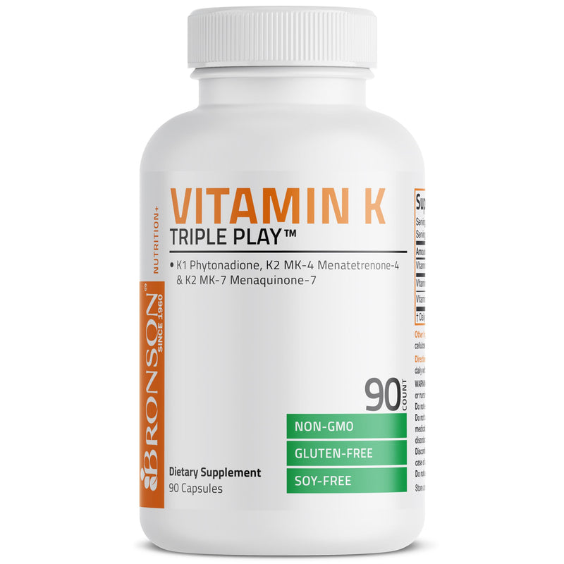 Bronson Vitamin K Triple Play Full Spectrum K1 & K2 MK-4/MK-7, 90 Capsules | 550 mcg Total Vitamin K: 100 mcg K1 + 450 mcg K2, Strong Bone Support, Non-GMO & Gluten-Free Unflavored 90 Count (Pack of 1)