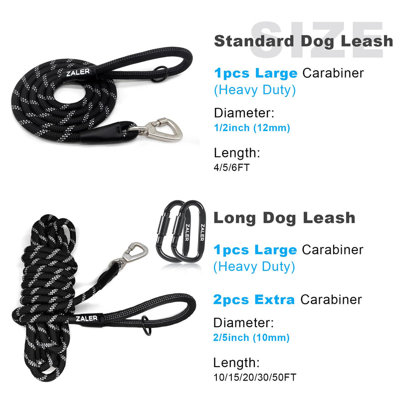 ZALER Long Dog Leash, 50 feet 30ft 20ft 15ft 10ft Dog Training Lead, Heavy Duty Reflective Check Cord Recall Leash for Dogs Training, Playing, Camping, or Backyard (20FT, Black) 20FT*2/5" - BeesActive Australia