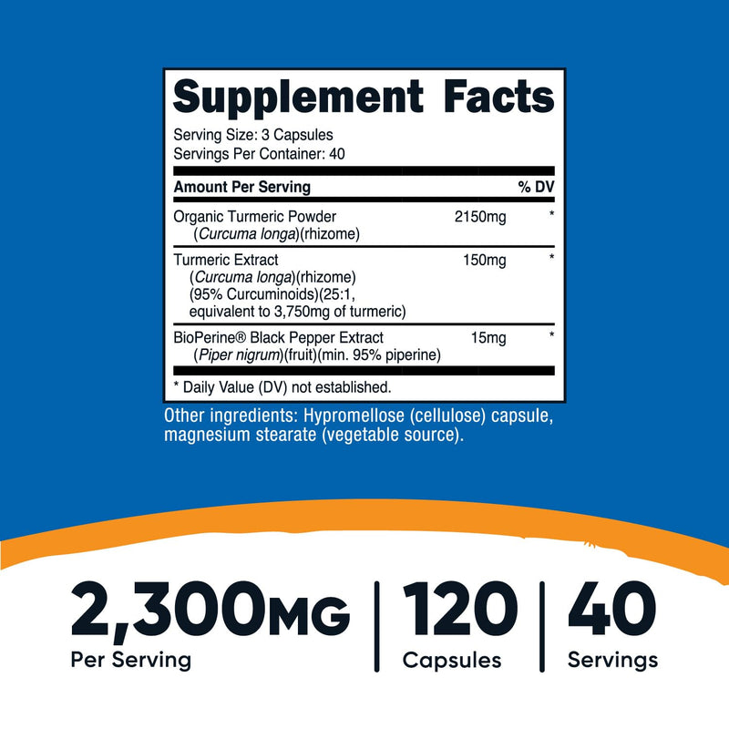Nutricost Turmeric Curcumin with BioPerine and 95% Curcuminoids, 2300mg, 120 Capsules, Veggie Capsules, 767mg Per Cap, 40 Servings, Gluten Free, Non-GMO - BeesActive Australia