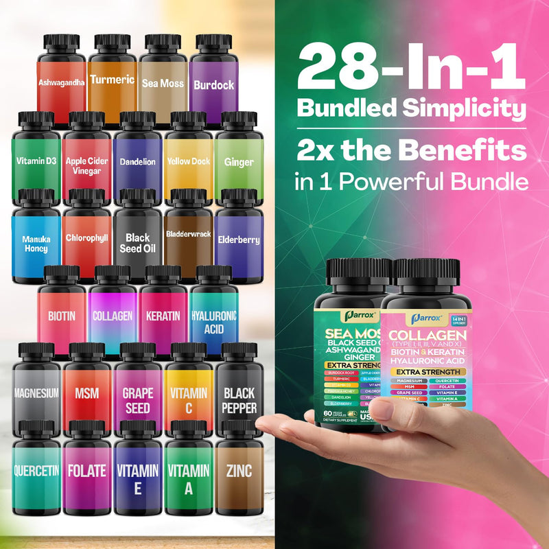 Sea Moss & Collagen Support Bundle, Black Seed Oil, Radiant Wellness Set | Black Seed Oil, Ashwagandha, Ginger, Collagen I-X, Biotin, Keratin, Burdock, Turmeric, Vitamin D3, Magnesium 150 Count (Pack of 2)