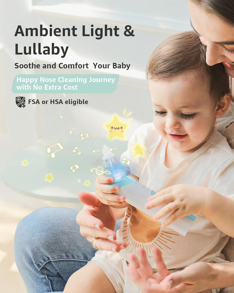 GROWNSY Nasal Aspirator for Baby with Protection Mode, Electric Nose Suction for Baby, Automatic Baby Nose Sucker with 3 Silicone Tips, Adjustable Suction Level, Music and Light Soothing Function Light Blue - BeesActive Australia