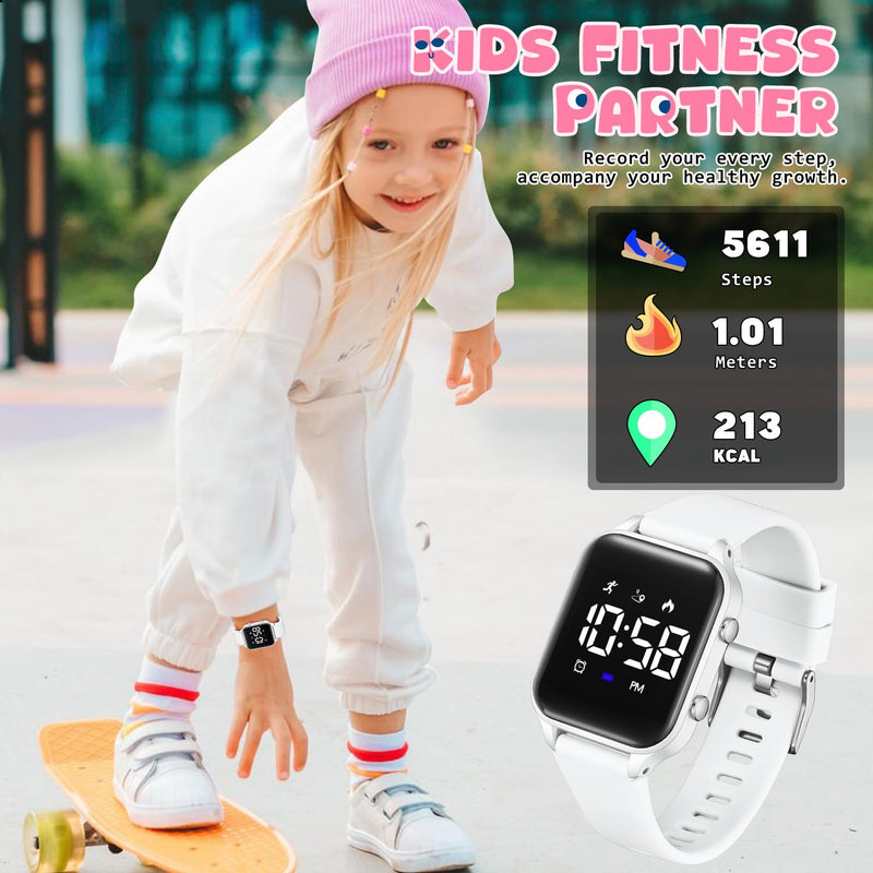 Kids Digital Watches for Boys Girls, Sports Watch with Fitness Tracker, Pedometer, Alarm Clocks, Stopwatch, No App Needed Waterproof Kids Watch, Gift for Teens Student Girls Boys Ages 5-14 L6615E-White
