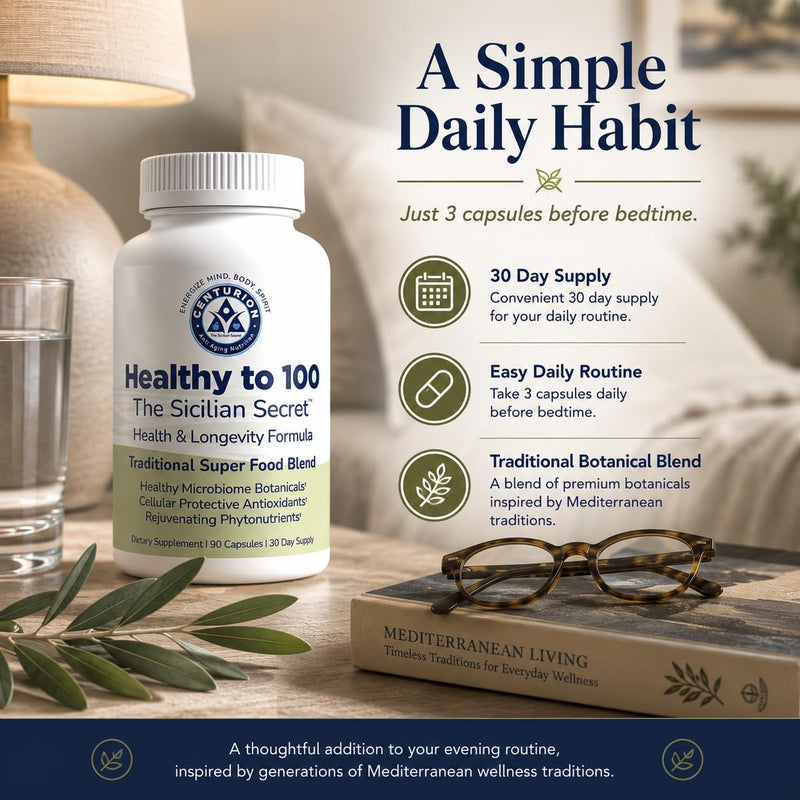 Centurion Healthy to 100 | Mediterranean Superfood & Antioxidant Blend | Bergamot, Resveratrol, Pomegranate, Olive Leaf & Lycopene | Daily Wellness & Healthy Aging Support | 90 Capsules