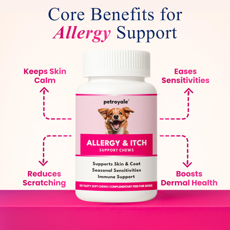 Petroyale Dog Allergy & Itch Support Chews - Dog Allergy Chews for Itchy Skin Relief, Immune Support, Skin & Coat Health - Anti Itch Chews for Dogs, Seasonal Allergy Relief - 50 Soft Chews 50 Chews