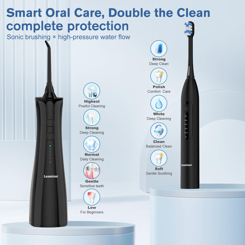 Leominor 3-in-1 Water Flosser & Electric Toothbrush Combo – Cordless Oral Irrigator with 235ml Large Tank,5 Modes, IPX7 Waterproof,Freshening Strips,for Teeth,Gums,Braces,Home & Travel,Black Black