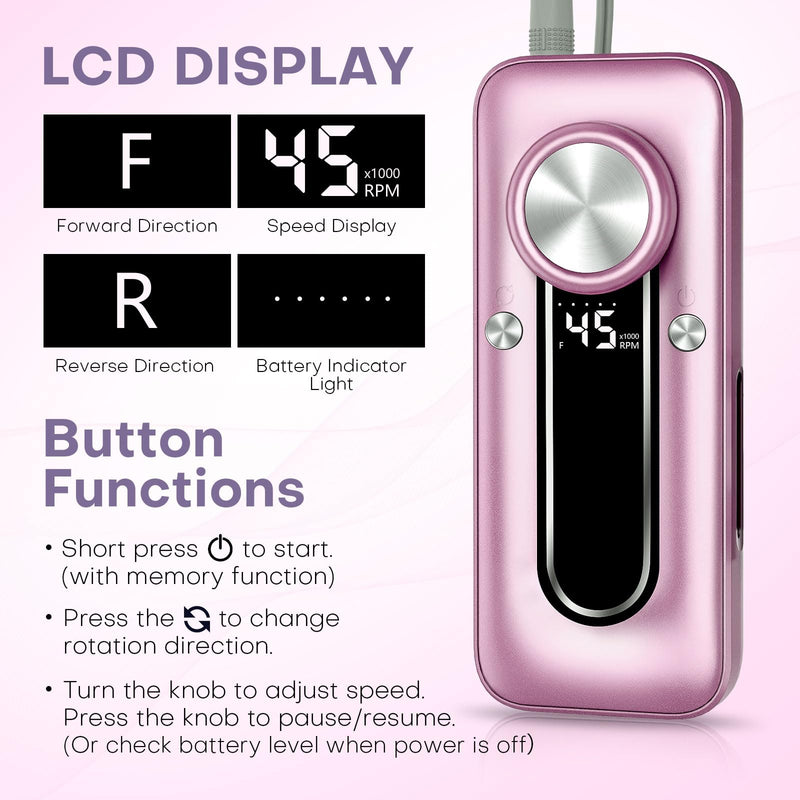 TUOBEO Nail Drill Electric Nail File Kit 45000 RPM Professional Efile Nail Set,Cordless Portable Rechargeable Acrylic Gel Nail Polish Remover Machine Pedicure Manicure Tool with 11 Bits for Salon Home Pink Purple
