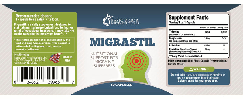 Basic Vigor Migrastil Migraine Support Capsules. Feverfew, Magnesium, Taurine & Vitamin B1 for Migraines Natural Supplement. Made in the USA. Vegan and Gluten Free.