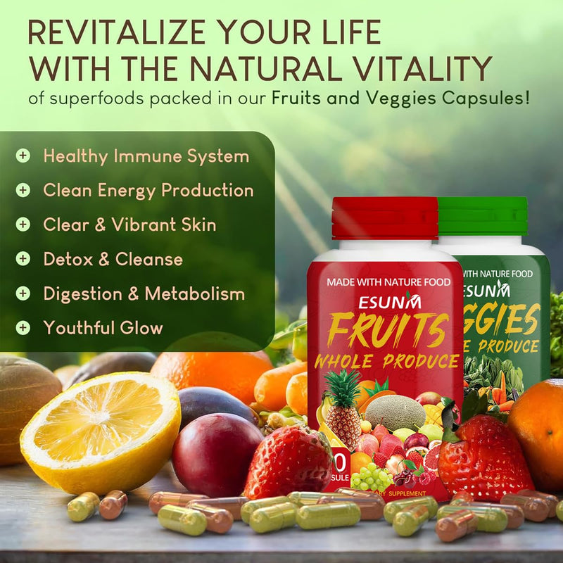 ESUNM Fruits and Veggies Supplement - 90 Fruit and 90 Veggie Capsules - Supports Energy Levels, High Lycopene, Vitamins & Minerals - 90 Count (Pack of 2)