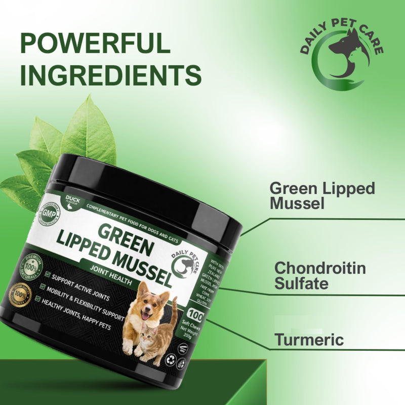 Green Lipped Mussel for Dogs & Cats High Strength Joint Supplement – Glucosamine MSM Chondroitin – Hip & Joint Support, Mobility & Arthritis Care CHEWS (DUCK FLAVOUR)