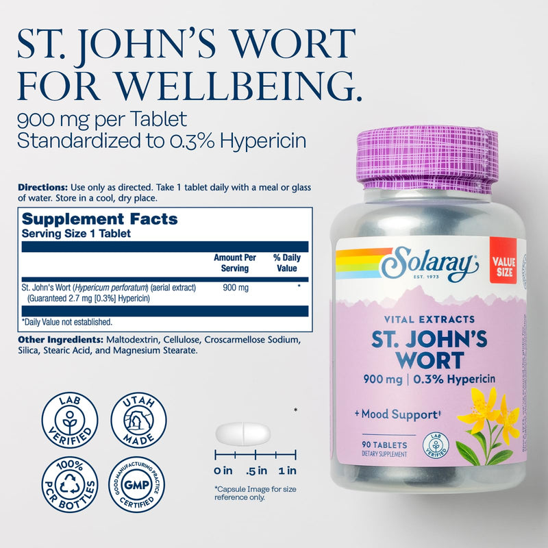 SOLARAY St. Johns Wort Aerial Extract One Daily 900mg | Standardized w/ 0.3% Hypericin for Mood Stability | Non-GMO | 90 Servings | 90 Tablets 90 Count (Pack of 1) - BeesActive Australia