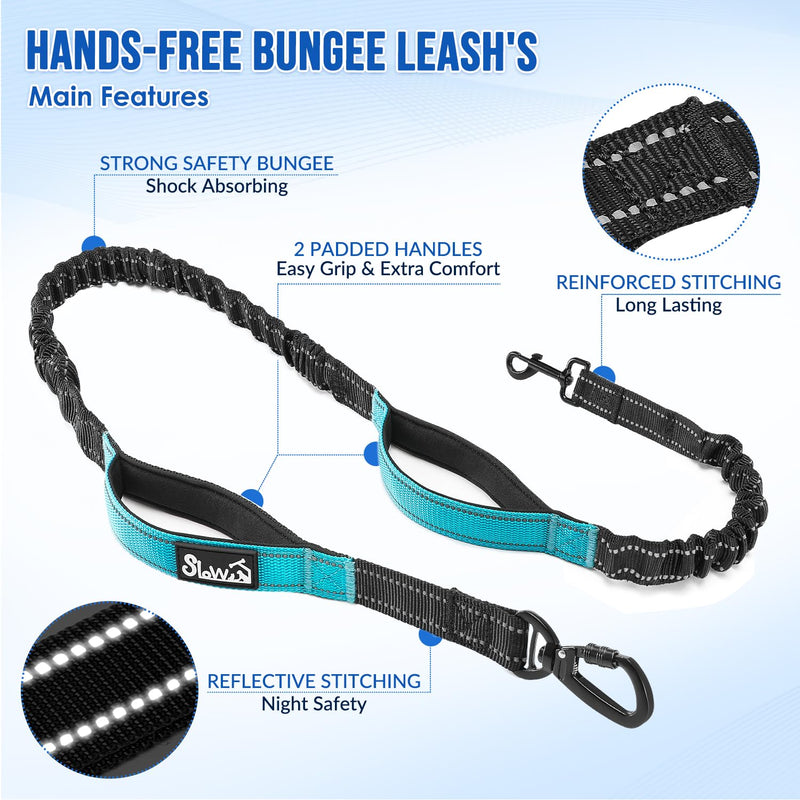 AUTOWT Hands Free Dog Leash for 2 Dogs, Adjustable Waist Belt with Zipper Pouch, Dual Handle Retractable Elastic Bungee with Reflective Stitches for Medium and Large Dogs Training Running 2 Leashes