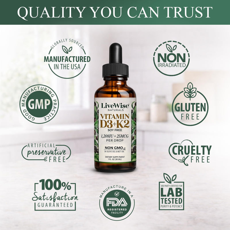 Live Wise Naturals Vitamin D3 K2 Drops for Adults, Ultra Concentrated | 930 Drops, 1208 IU Vitamin D3, 25 MCG (MK-7), Fast Absorption, Customizable Micro-Dosing Dropper for Calcium & Bone Support Adult D3+K2 1208IU No Flavor Added