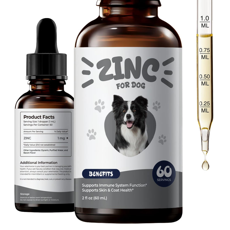 Zinc Drops for Dogs – Daily Mineral Support for Immune Balance & Skin Health, Liquid Zinc Supplement, Easy to Mix, Bacon Flavor, 2 fl oz (60 mL)