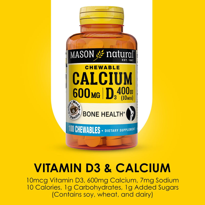 MASON NATURAL Calcium 600 mg with Vitamin D3, 100 Day Supply, Supports Healthy Bones & Normal Muscle Function, Coffee Mocha Flavor, 100 Chewables 100 Count (Pack of 1)
