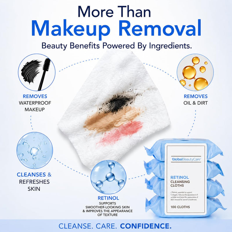 Global Beauty Care Retinol Waterproof Makeup Remover Facial Cleansing Wipes | Supports Firmer-Looking Skin, Removes Waterproof Makeup, Oil & Dirt, Smooths Skin Texture, All Skin Types, 100 Wipes (4-Pack) 25 Count (Pack of 4)