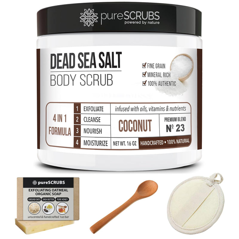 pureSCRUBS Premium Organic Body Scrub Set - INCLUDES spoon, loofah & soap - Large 16oz COCONUT BODY SCRUB Dead Sea Salt Infused Organic Essential Oils & Nutrients - BeesActive Australia