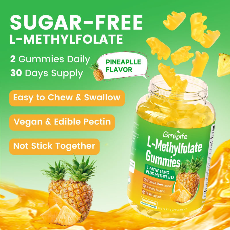 L-Methylfolate 15 mg Gummies with Methyl B12, Methylated B1, B2, B6, Active 5-MTHF & High Absorption - Supports Brain Health & Immune System, Pineapple Flavor, 60 Count 60 Count (Pack of 1)