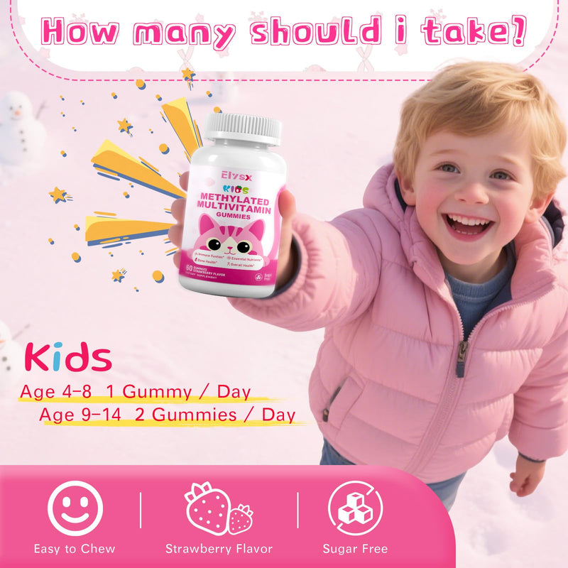 Kids Methylated Multivitamin Chewable Gummies, MTHFR Supplement with L Methylfolate, Magnesium, Biotin, Choline, Inositol, DHA, TMG & Coq 10, Immune & Brain Support, Strawberry Flavor, 60 Ct 60 Count (Pack of 1)