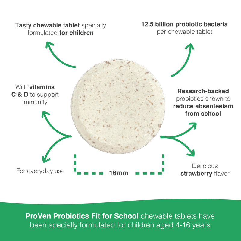 Pro-Ven Fit for School Kids Vitamins Kids Probiotic Chewable Tablets | 12.5 Billion CFUs with Vitamin C & D for Ages 4-16 | Strawberry Flavor | Vegetarian, Gluten & Lactose Free | 30 Daily Tablets