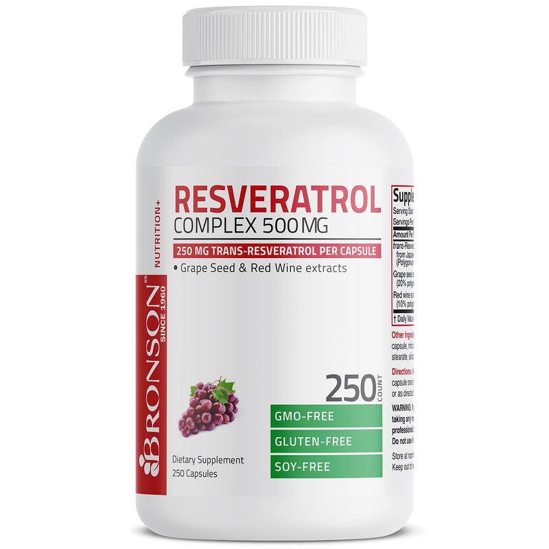 Bronson Resveratrol Complex 500 mg with Grape Seed & Red Wine, 250 Capsules | trans-Resveratrol from Japanese Knotweed, Healthy Aging & Cellular Support, Non-GMO, Gluten-Free & Soy-Free 250 Count (Pack of 1)