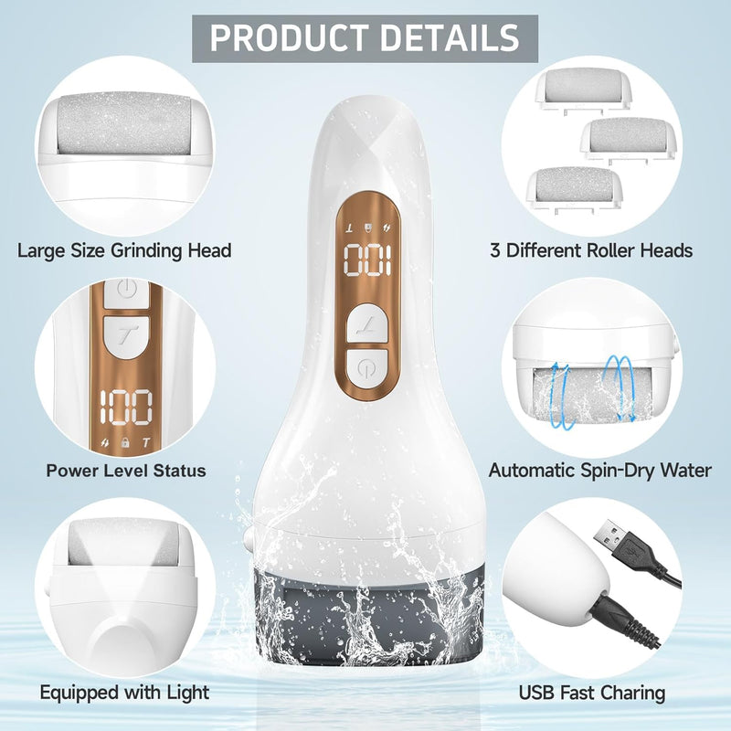 Electric Callus Remover for Feet,Professional Pedicure Kit Rechargeable Foot File Hard Skin Remover for Cracked Heels &Dead Skin,with 3 Roller Heads 2 Speed(White N9) White N9 - BeesActive Australia