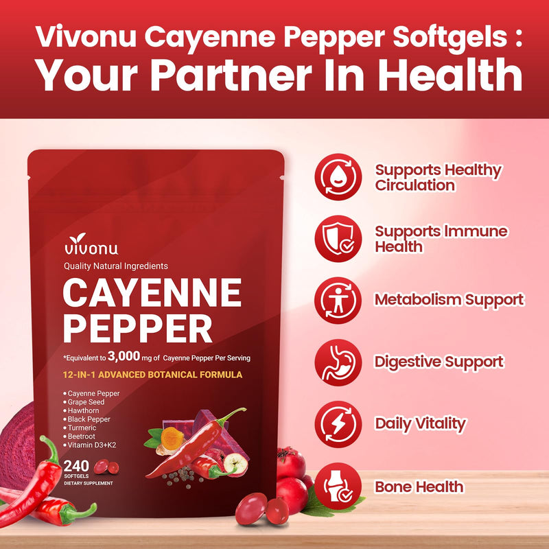 VivoNu Cayenne Pepper Softgels | Leg Vein & Heart Support, Hawthorn, Beetroot & Berberine (2 Bag) | Supports* Leg Vein, Heart & Blood Vessel Health; Vitamin E, D3+K2, Grape Seed, Hawthorn, Beetroot & Berberine 2 Bag