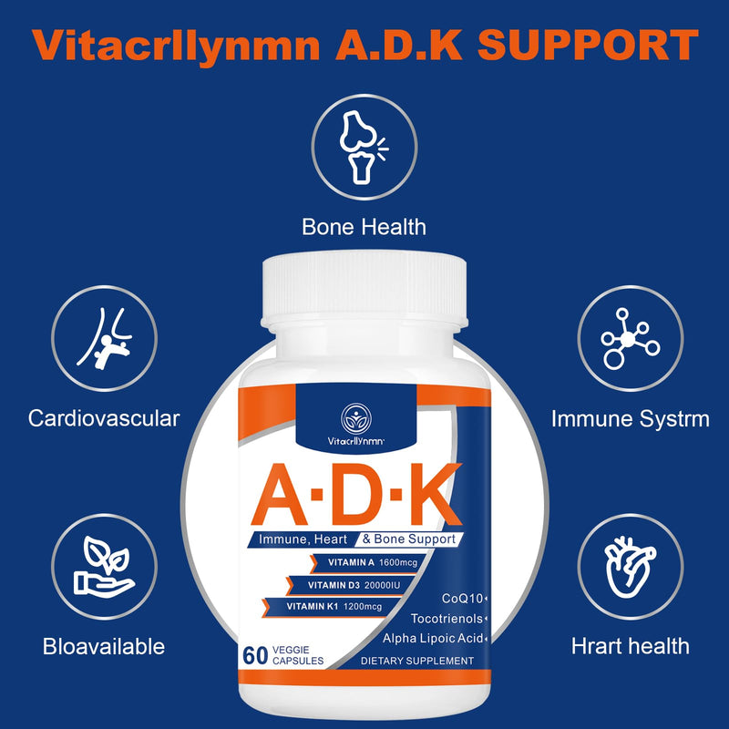 ADK Vitamin Supplement 20000 IU - High Potency Vitamins A, D3 and K1 for Heart, Bone Health and Immune Support Vitamin ADK 120 Capsules