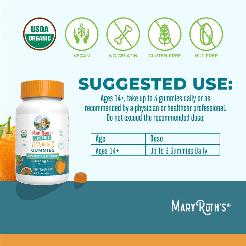 MARYRUTH'S USDA Organic Vitamin C Gummies, Antioxidant, Non-GMO, 60 Count | Vegan Chewable for Ages 14+, Immune Support & Overall Wellness, Gluten Free Adults
