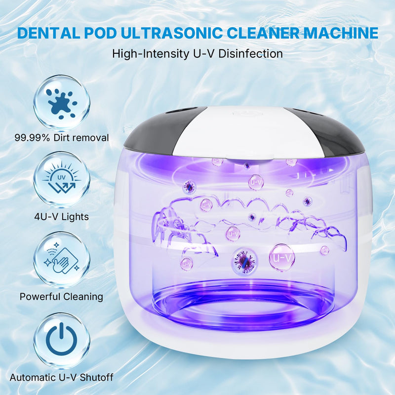 Ultrasonic Retainer Cleaner Machine Denture Cleaner for Dental Pod, Aligner, Night Guard, Braces & Mouth Guard, Features 45KHz and UV Deep Cleaning Dental,4 Modes Teeth Cleaning Tools, Digital Timer