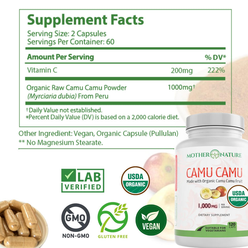 MNO Natural Vitamin C Capsules from Organic Camu Camu Fruit | Whole Food Vitamin C, 120 Vegan Capsules, Non-GMO, Immune Support, No Synthetic Ascorbic Acid Capsule