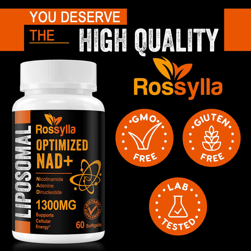 Rossylla Liposomal NAD+ Supplement, 1300 mg per Serving, NAD Plus Supplement with Liposomal Delivery, Supports Cellular Energy and Healthy Aging, 120 Softgels 60 Count (Pack of 2)