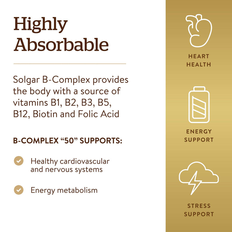 Solgar B-Complex 50", 250 Vegetable Capsules - Energy Metabolism | Cardiovascular Support, Nervous System Support - Non-GMO, Vegan, Gluten Free, Dairy Free, Kosher - 250 Servings 250 Count (Pack of 1)