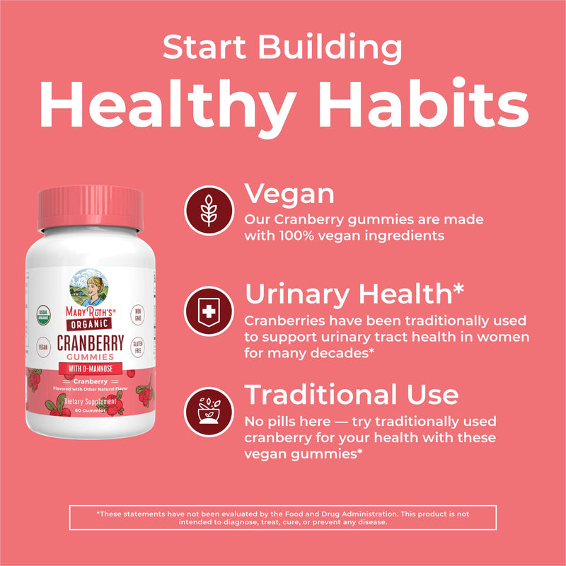 MaryRuth Organics Organic Cranberry Gummies - 500mg Supplement | Urinary Tract Health for Women | with D Mannose | Traditional Use | USDA Organic | Vegan | Non GMO | 30 Servings 60 Count (Pack of 1) - BeesActive Australia