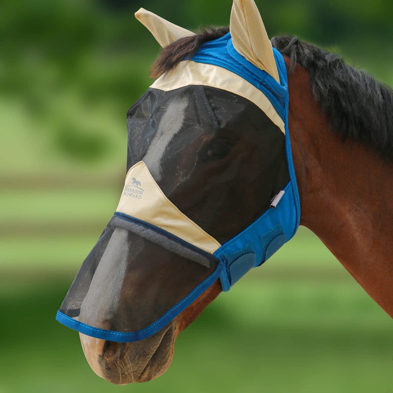Harrison Howard Horse Fly Mask Long Nose with Ears Champagne Gold/Teal L Full Size Full (Large) - BeesActive Australia