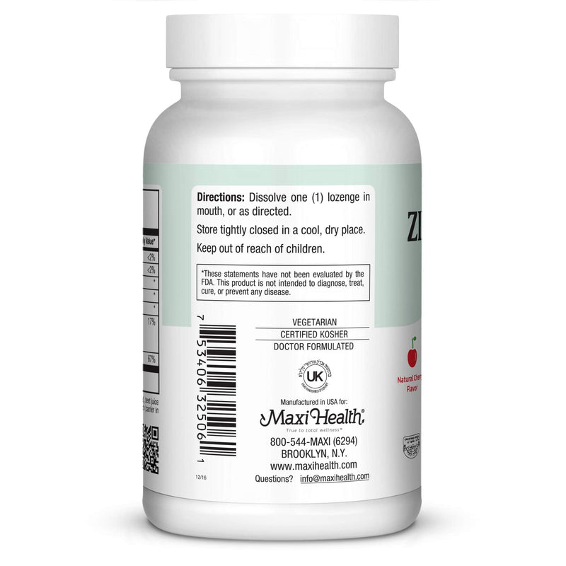 Maxi-Health Zinc Lozenges - Zinc Citrate 10mg - with Vitamin C - Cherry Flavor - 60 Chewables - Kosher