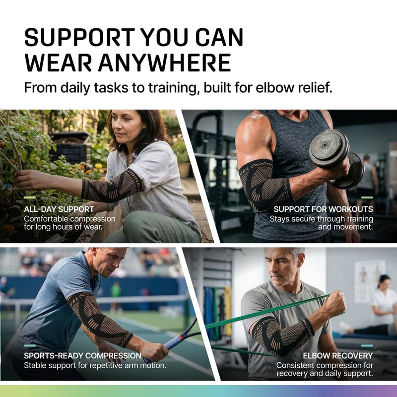 Modvel 2 Pack Elbow Brace - Golfer's Elbow Compression Sleeve Support for Joint Pain Relief, Recovery, Tendonitis Braces, Tennis Elbows Brace For Men & Women, Workout & Weightlifting Arm Wrap Copper Large - BeesActive Australia