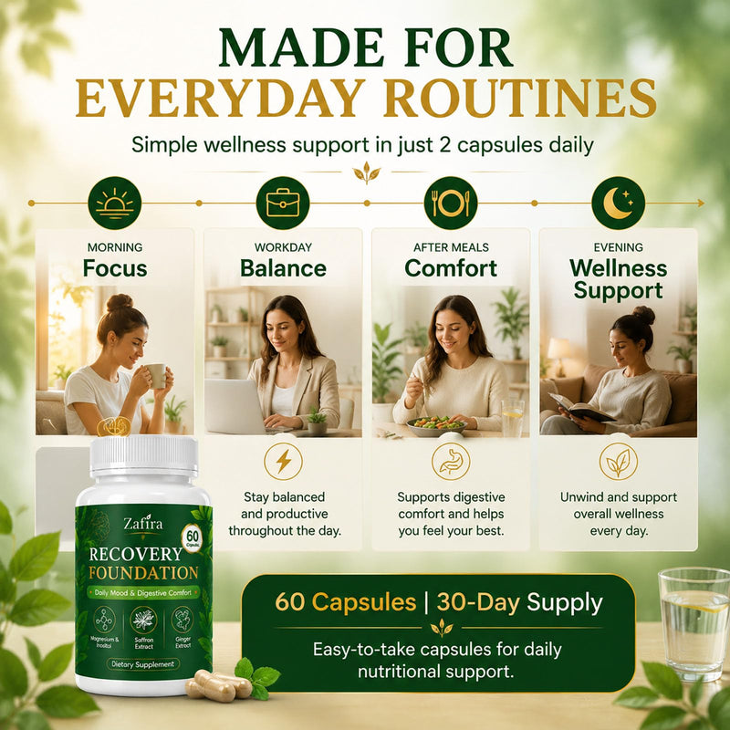 Zafira Organics Saffron Supplements, Zafira Recovery Foundation Capsules for Daily Wellness Support & Digestive Comfort with Saffron Extract, Magnesium Bisglycinate, Ginger, Zinc, Vitamin D3 & B12 1 pcs