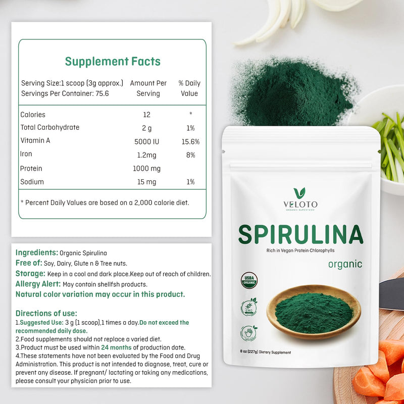 USDA Organic Spirulina Powder, 8 oz - Rich in Vegan Protein, Vitamins & Minerals | Natural Green Superfood, Source of Chlorophyll | Non-Irradiated, Non-GMO, Gluten Free 8 Ounce (Pack of 1)