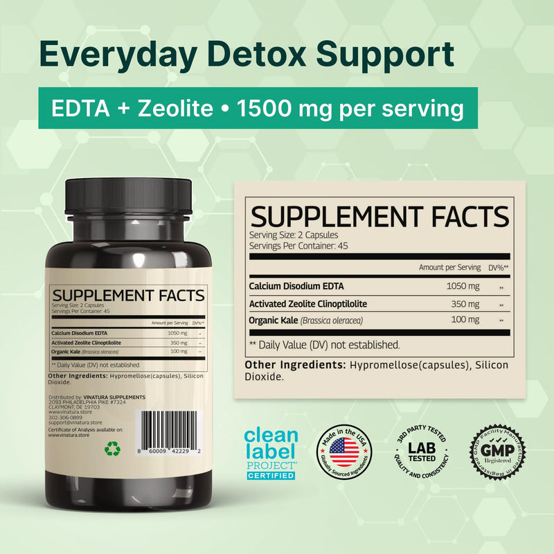 VINATURA EDTA Capsules - 1500mg per serv, Liver Support - Edta Calcium Disodium, Kale Extract - 90 Capsules 45 Servings