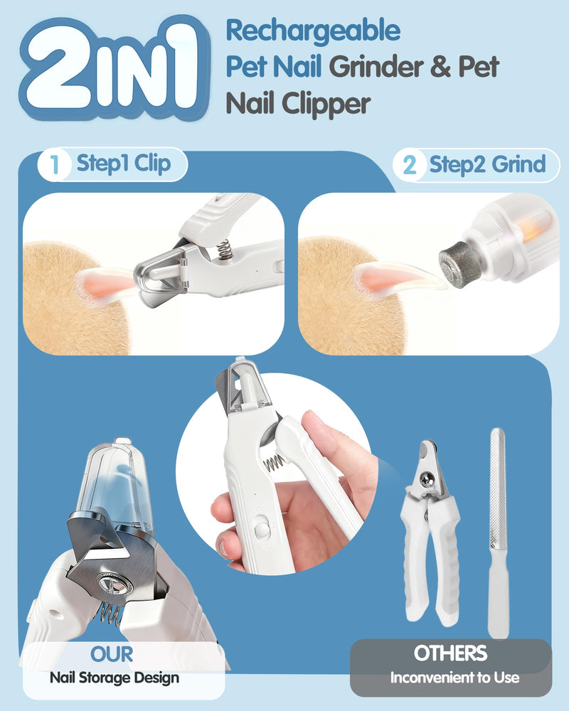 2-in-1 Dog Nail Clippers & Grinder with LED Light, Quiet Electric Pet Nail Trimmer for Large Medium Small Dogs Cats, Rechargeable Safety Guard for Black Nails, Painless Grooming Kit
