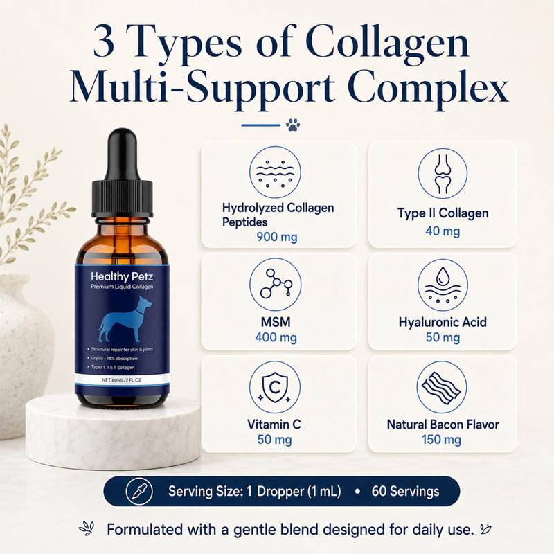 Premium Liquid Collagen for Dogs, Triple Collagen Supplement with Hyaluronic Acid & Vitamins C for Skin & Coat, Bacon Flavor 60 ml/2 fl oz