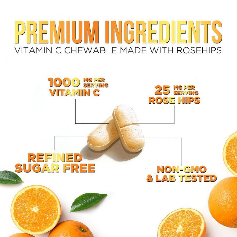 Vitamin C 1000mg Per Serving - Extra Strength Daily Immune Support with Rose Hips Chewable Supplement - Sugar Free Tasty Orange Flavor - Antioxidant & Collagen Support - USA Bottled - 120 Tablets 120 Count (Pack of 1)