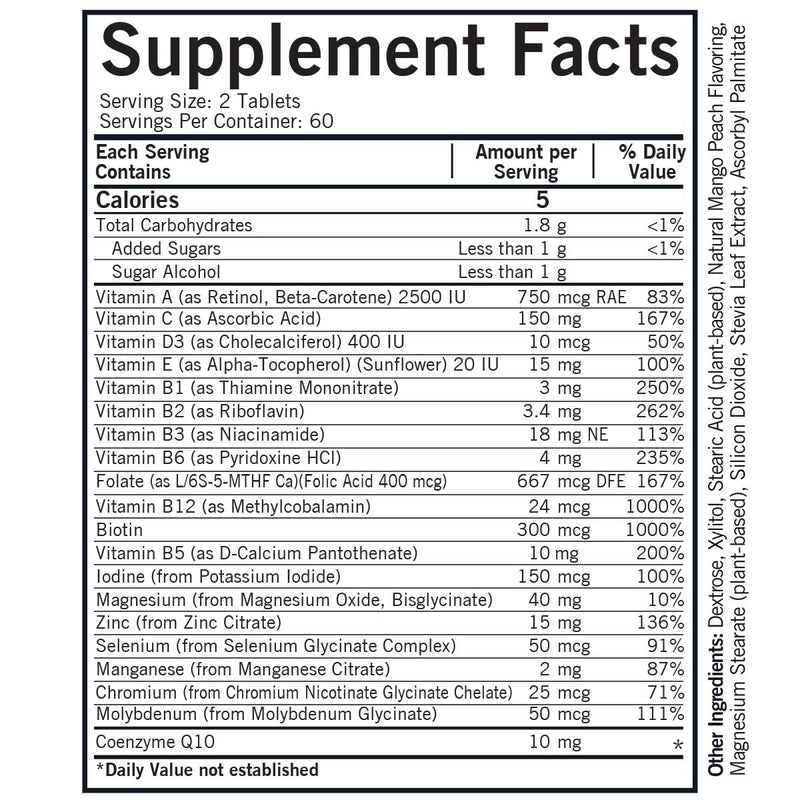 Kirkman - Children's Multivitamin & Mineral Chewable with 5-MTHF - 120 Capsules - Potent Broad-Spectrum Vitamin/Mineral Supplement - with Coenzyme Q-10 - Natural Mango Peach Flavor