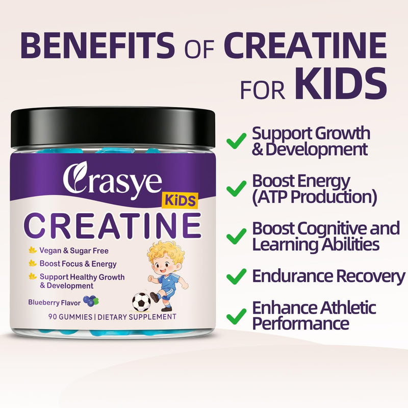 Creatine Gummies for Kids and Teens with Vitamin B12 | Sugar Free Creatine Monohydrate Gummy Support Children Growth Blueberry Flavor 90 Gummies