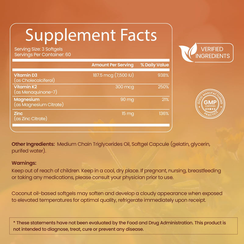 VELOTO Vitamin D3 K2 Magnesium Zinc Supplement, Magnesium & Zinc Citrate | 7500 IU Vitamin D3 + 300 mcg K2 MK-7, 4-in-1 Daily Wellness Support, Bone Muscle & Immune Support, 180 Softgels, Non-GMO