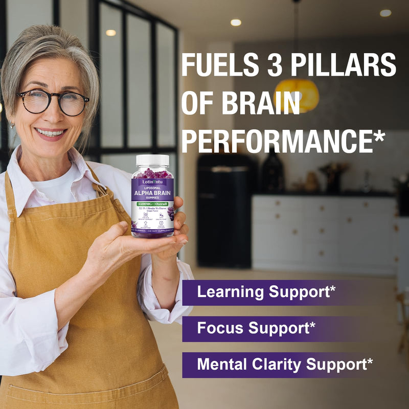 2 Pack 32 in 1 Liposomal 3500MG+ Alpha GPC Brain Focus Gummies,with Omega-3 DHA+EPA,Lutein Zeaxanthin and Caffeine etc for High Absorption for Focus & Memory Support, Immune Boost 60 Count (Pack of 2)