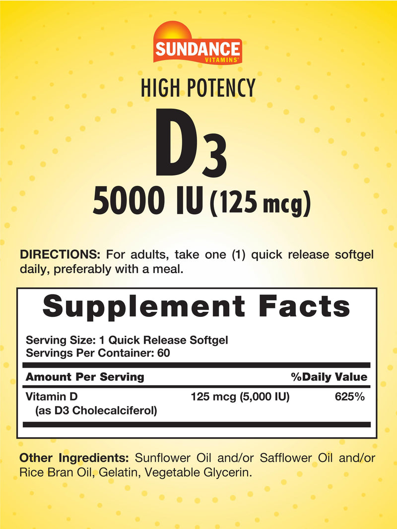 Sundance Vitamin D3 5,000 IU | 60 Quick Release Softgels | High Potency Essential Vitamin Supplement | Non-GMO and Gluten Free Supplement Unflavored 60 Count (Pack of 1)