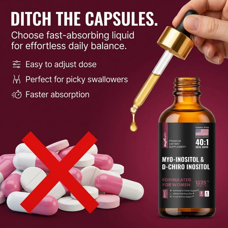 Myo-Inositol & D-Chiro Inositol Liquid Drops for Women | 40:1 Ratio | Hormone Balance & Cycle Support | Vitex + Vitamin D3 | 4 Fl Oz (2-Month Supply) 4 Ounce (Pack of 1)