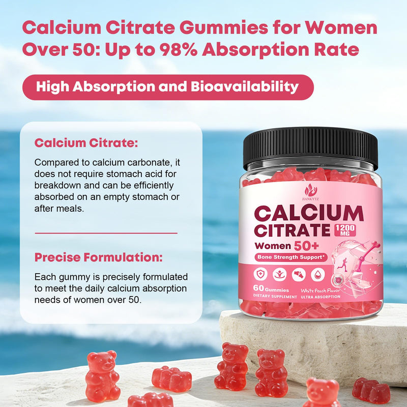 (2 Pack) Calcium Citrate with Vitamin D3 Gummies for Women 50 Plus - Bones, Teeth, Immune Support, 1200mg Calcium Citrate Gummies with Vitamin D3 K2, Vegan, Sugar-Free, White Peach Flavor, 120 Count